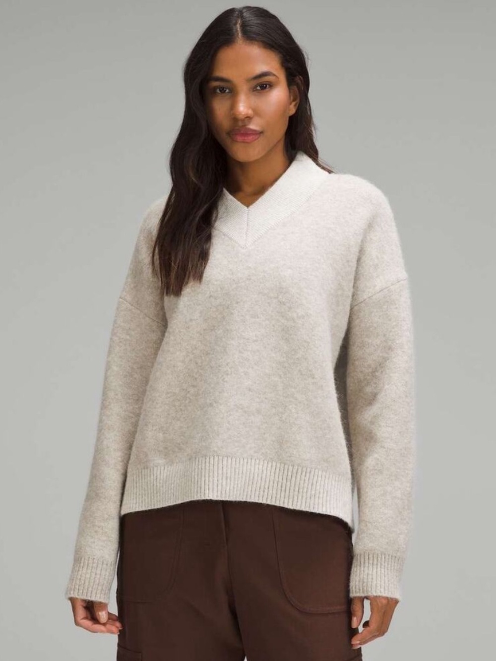 Lululemon Alpaca Wool-Blend V-Neck Sweater Heathered White Opal Size Small